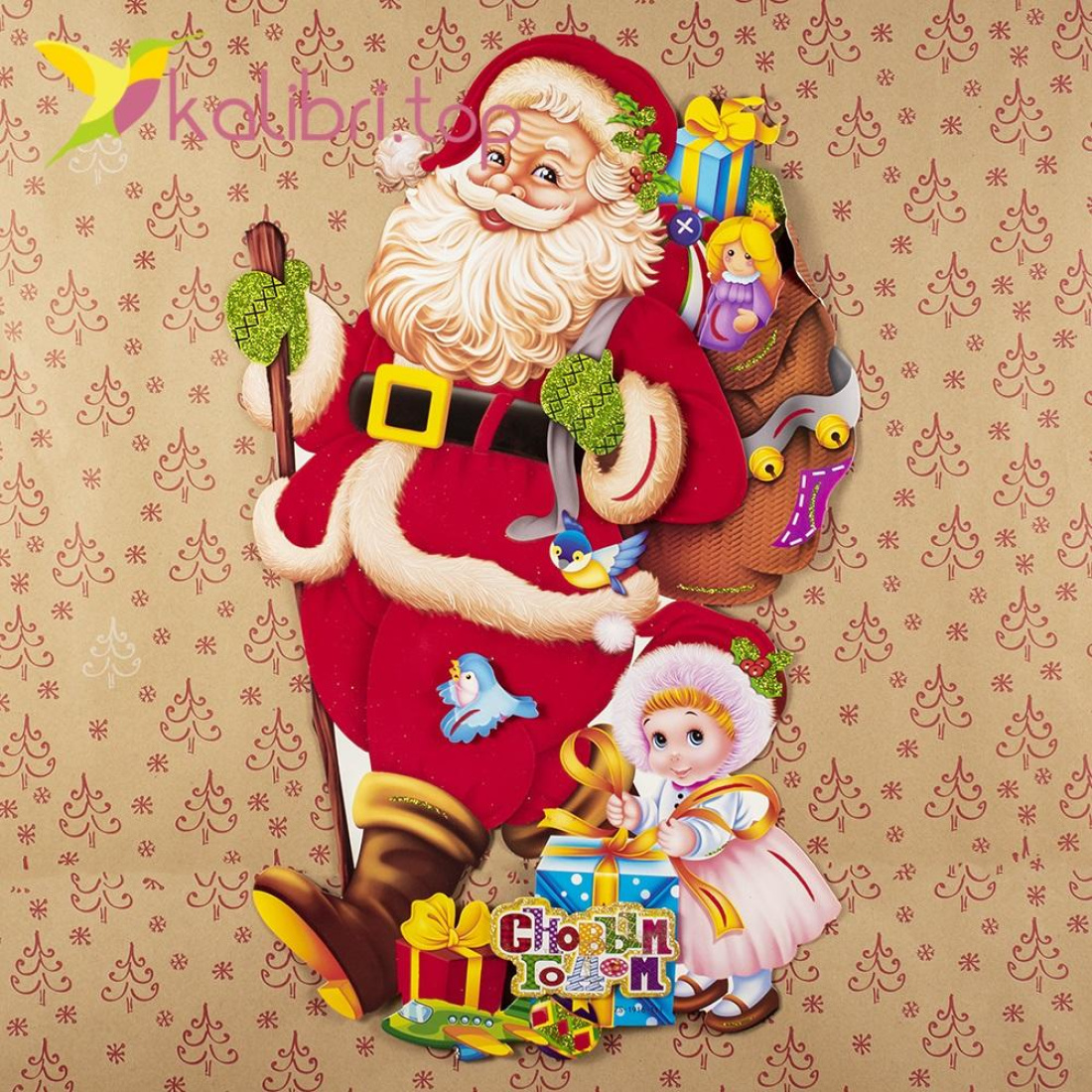 Новогодние наклейки Дед Мороз и эльф 64 см оптом фото 01