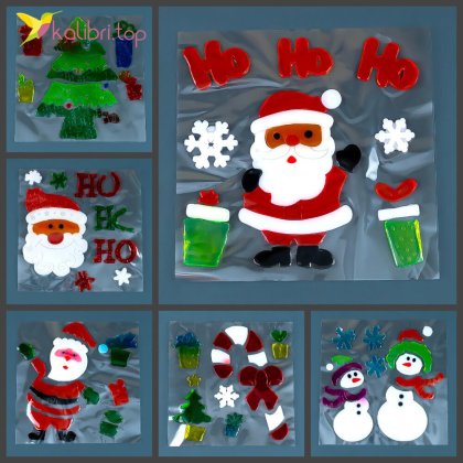 Новогодние силиконовые наклейки на окна Санты цветные 19 см - Купить