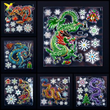 Новогодние наклейки на окна Драконы цветные 17 см - Купить