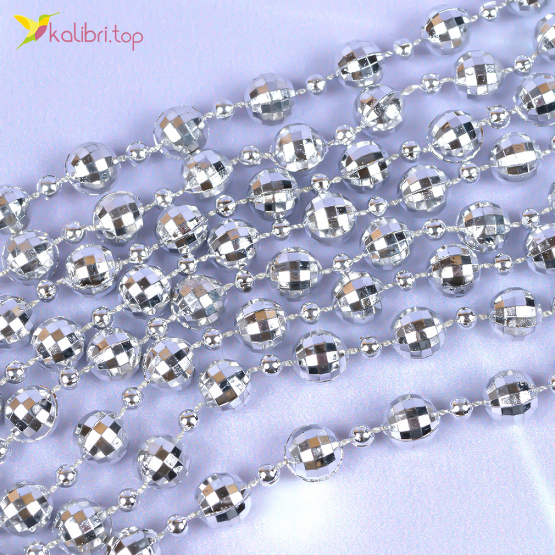 Новорічний декор намисто срібний блиск 2,7 метра, 10 штук оптом фото 02 Новорічний декор намисто срібний блиск 2,7 метра, 10 штук оптом фото 02