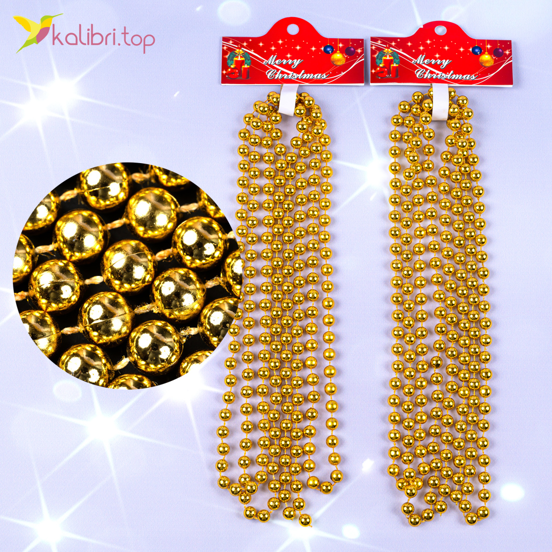 Декор бусы золотой декабрь 2,8 метра, Ø 0,95 см, 12 штук оптом фото 01