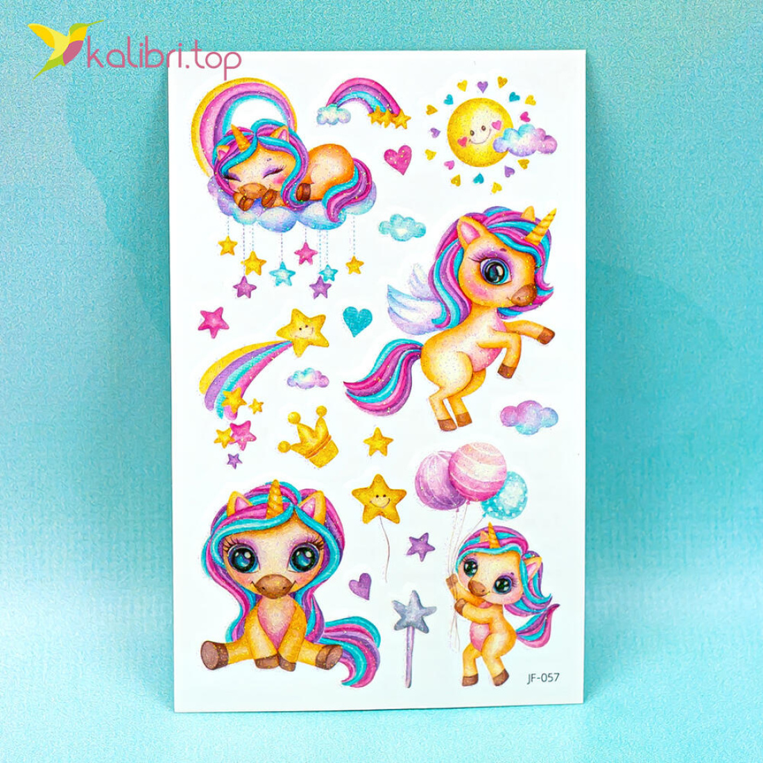 Переводные татуировки с блёстками Единороги Звёзды 12 см оптом фото 01