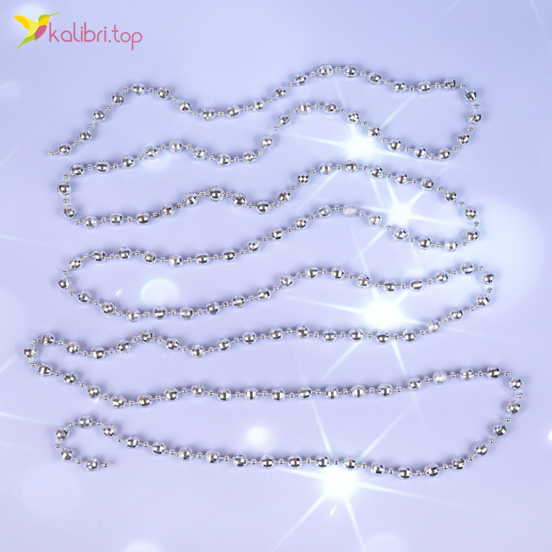 Новорічний декор намисто срібний блиск 2,7 метра, 10 штук оптом фото 01 Новорічний декор намисто срібний блиск 2,7 метра, 10 штук оптом фото 01